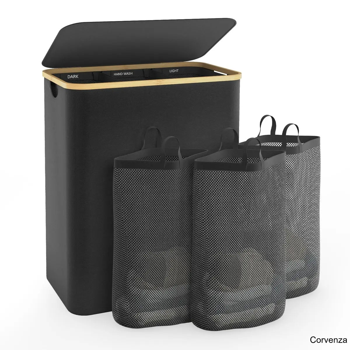 160L Large Laundry Hamper with Lid & 3 Compartments