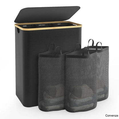 160L Large Laundry Hamper with Lid & 3 Compartments