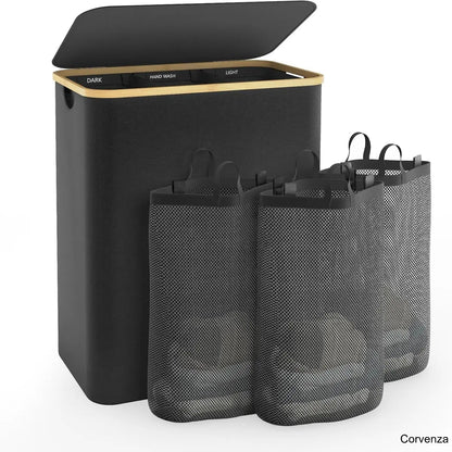 160L Large Laundry Hamper with Lid & 3 Compartments