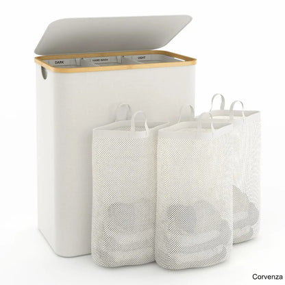 160L Large Laundry Hamper with Lid & 3 Compartments