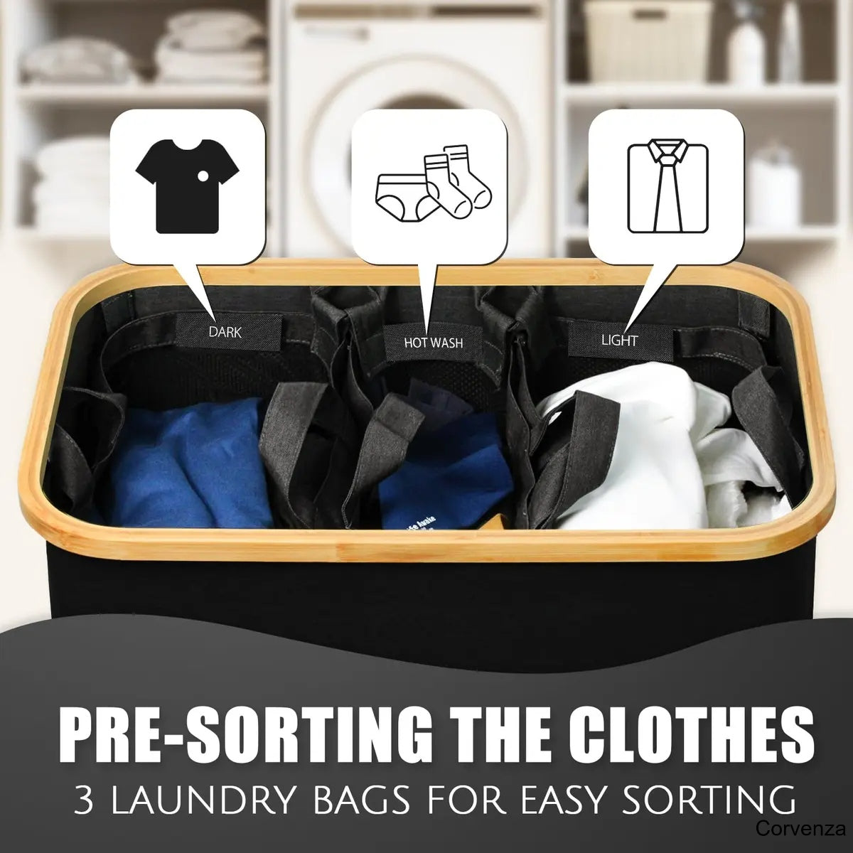 160L Large Laundry Hamper with Lid & 3 Compartments