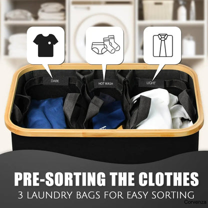 160L Large Laundry Hamper with Lid & 3 Compartments