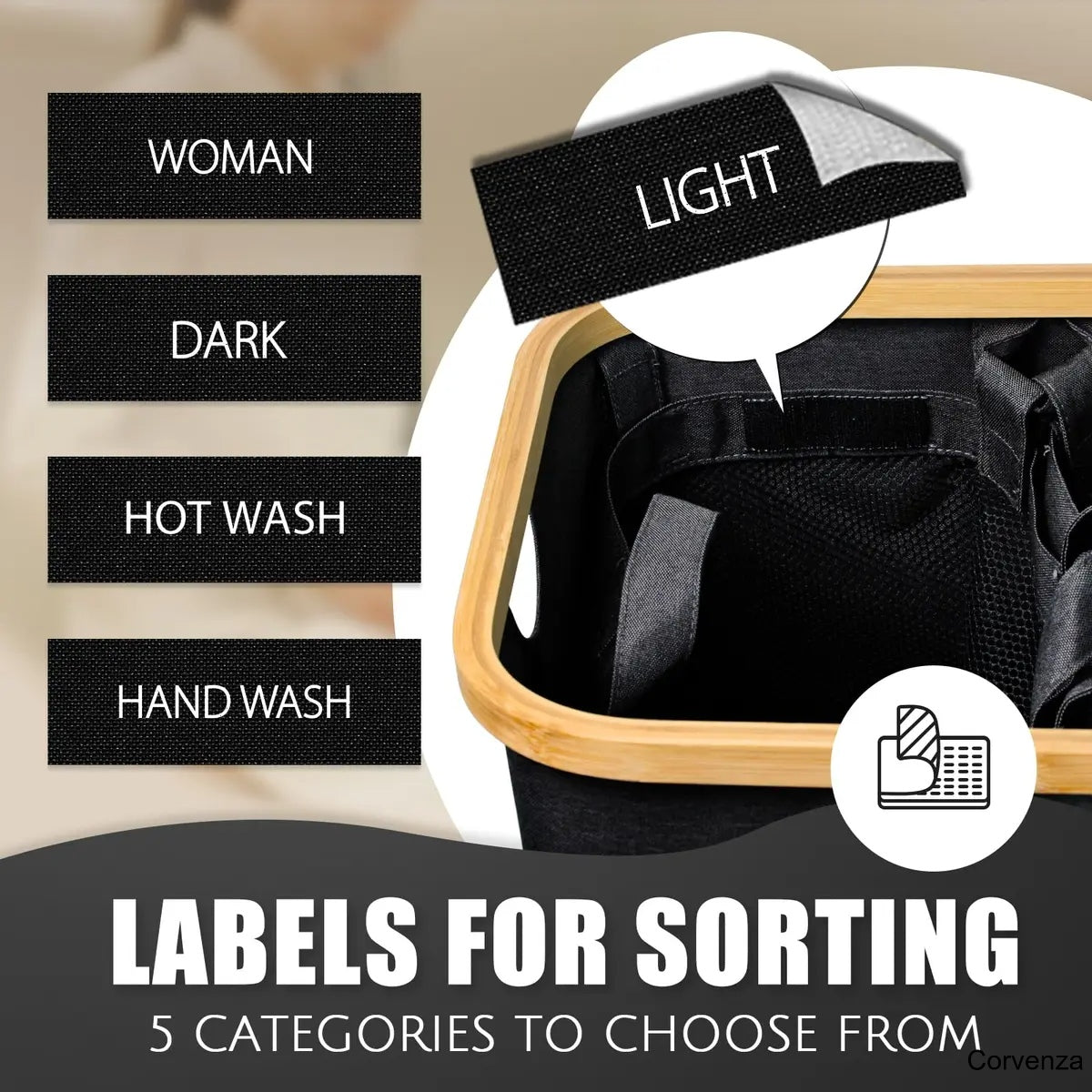 160L Large Laundry Hamper with Lid & 3 Compartments
