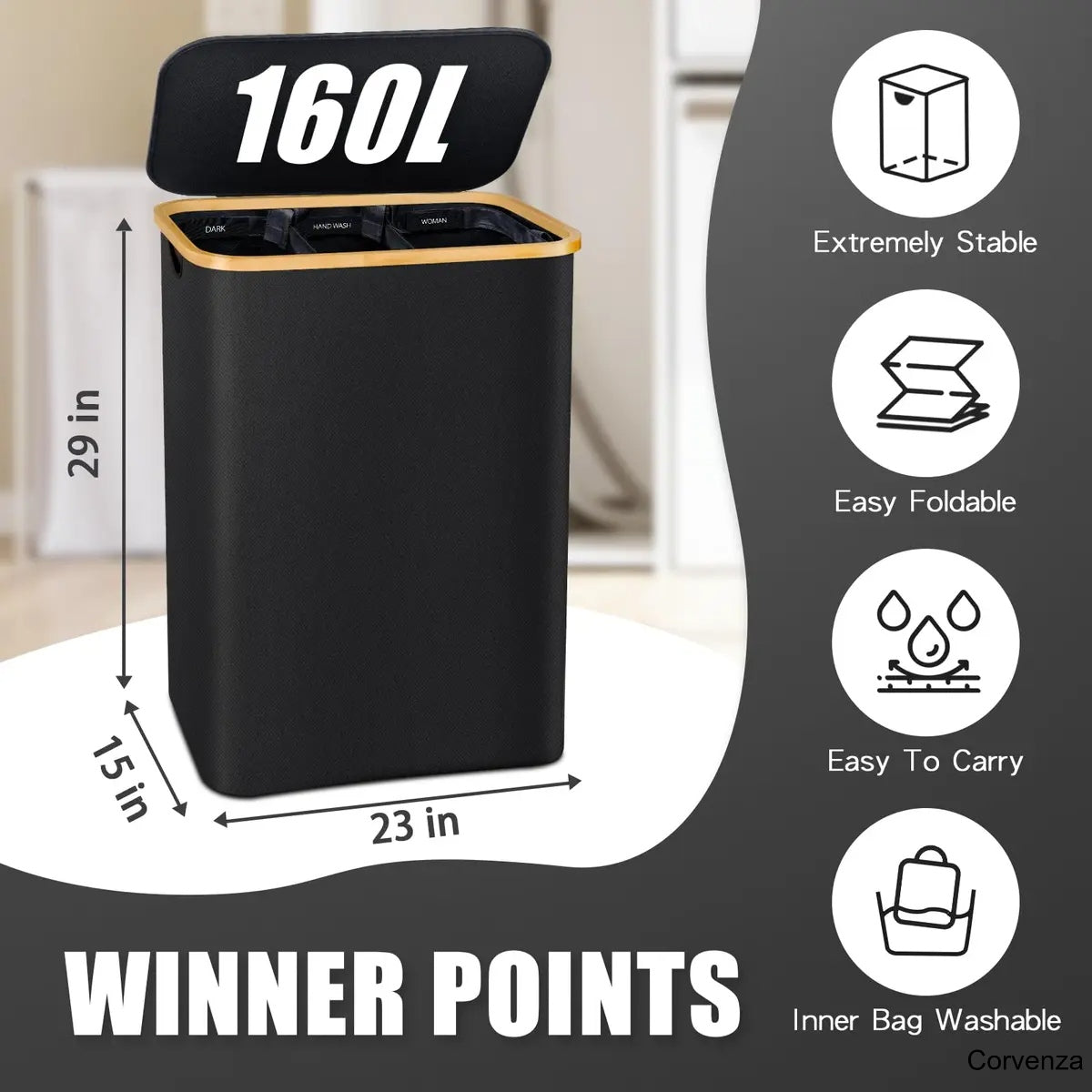 160L Large Laundry Hamper with Lid & 3 Compartments