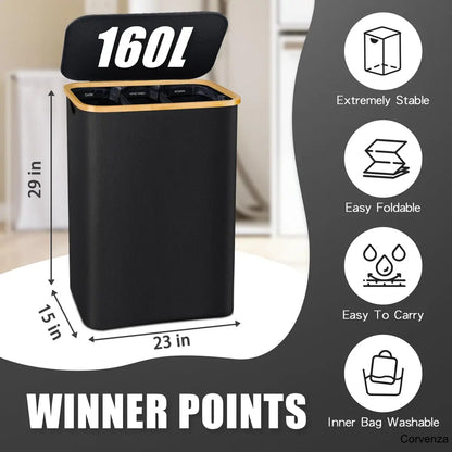 160L Large Laundry Hamper with Lid & 3 Compartments