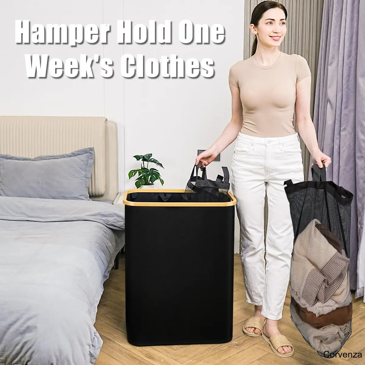 160L Large Laundry Hamper with Lid & 3 Compartments