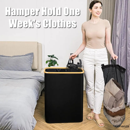 160L Large Laundry Hamper with Lid & 3 Compartments