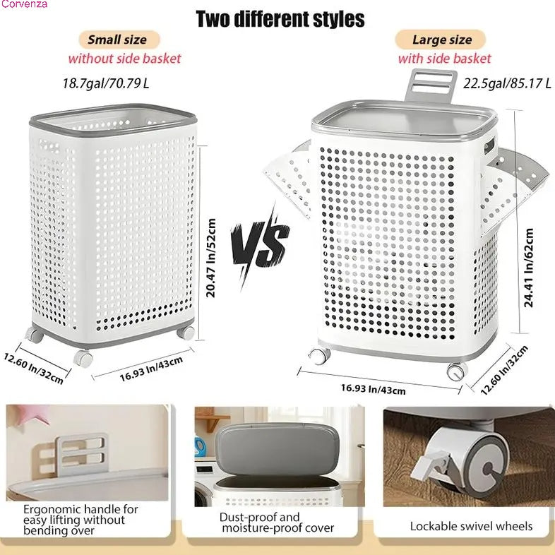 Rolling Laundry Basket with Lid & Wheels