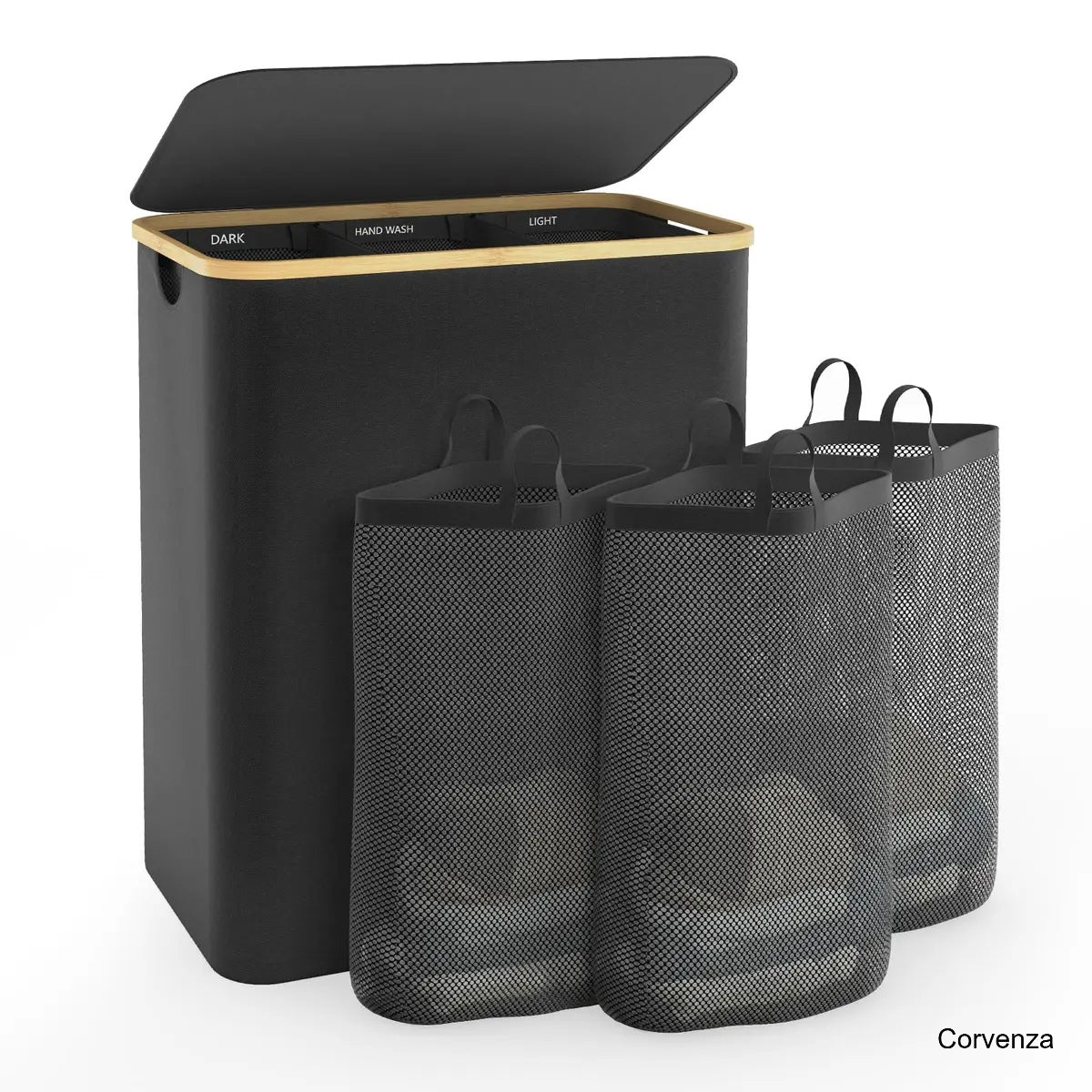 160L Large Laundry Hamper with Lid & 3 Compartments