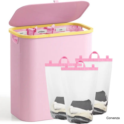 160L Large Laundry Hamper with Lid & 3 Compartments